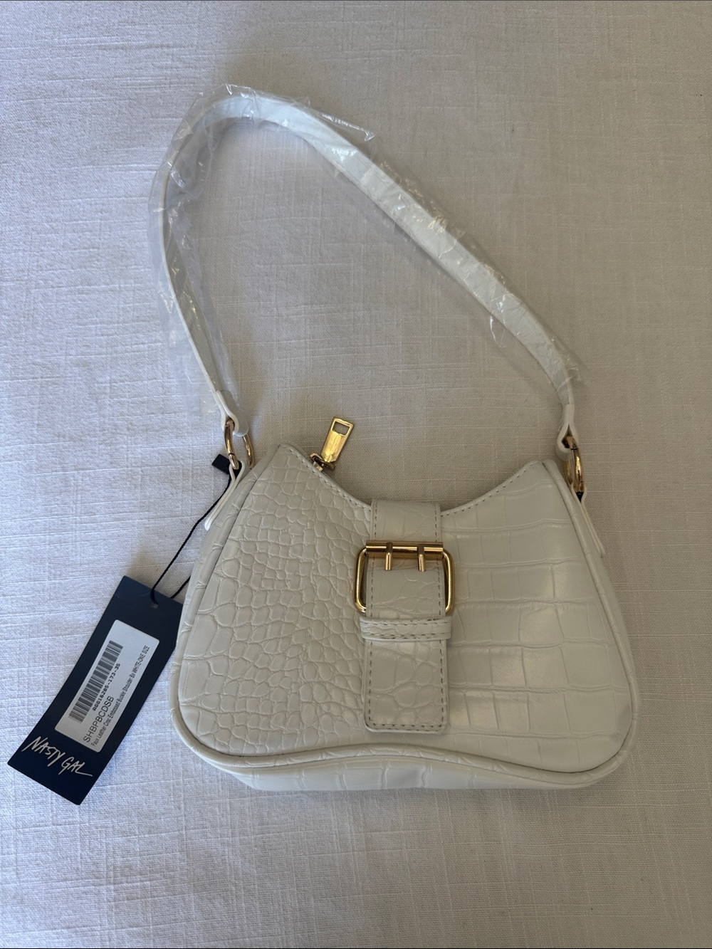NWT Nasty Gal White Croc-Textured Shoulder Bag with Gold Buckle
